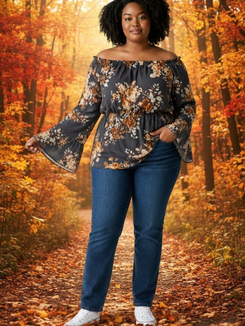 Fairy Goth Top Womens Plus 2XL Black Brown Floral Cottage Y2K Bell Long Sleeve